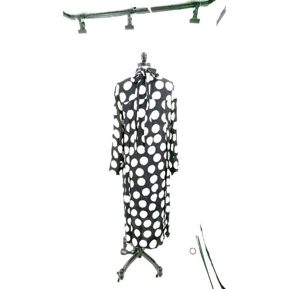 Studio Women Long Sleeve High Neck Bow Polka Dot Midi Dress Black White Size Sma - Picture 2 of 16